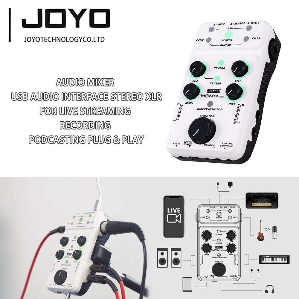 JOYO Audio Mixer USB Audio Interface Stereo XLR+48V Phantom Power Mixer for Live