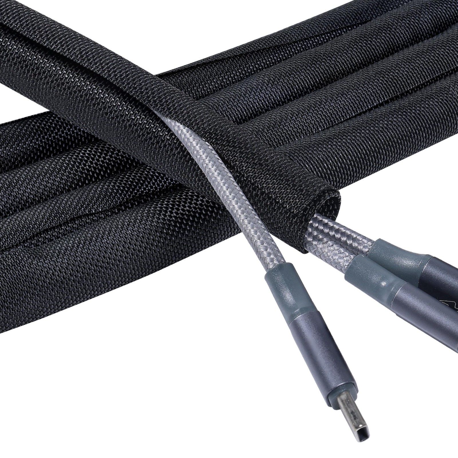 12FT Black Split Braided Cable Management Sleeves - 1/2 Inch Organizers