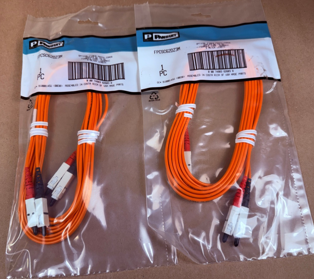 NEW 2 Panduit Fiber Optic Cable Patch Cords FPCSC62DZ3M Duplex SC to SC 3 meter