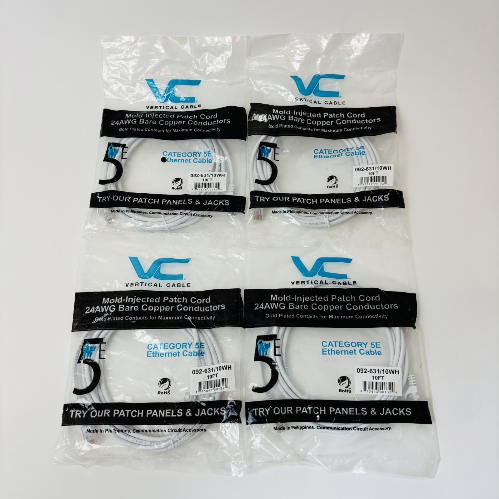 Vertical Cable 4 Mold-Injected Patch Cord 24AWG Bare Copper Conductors 10FT New