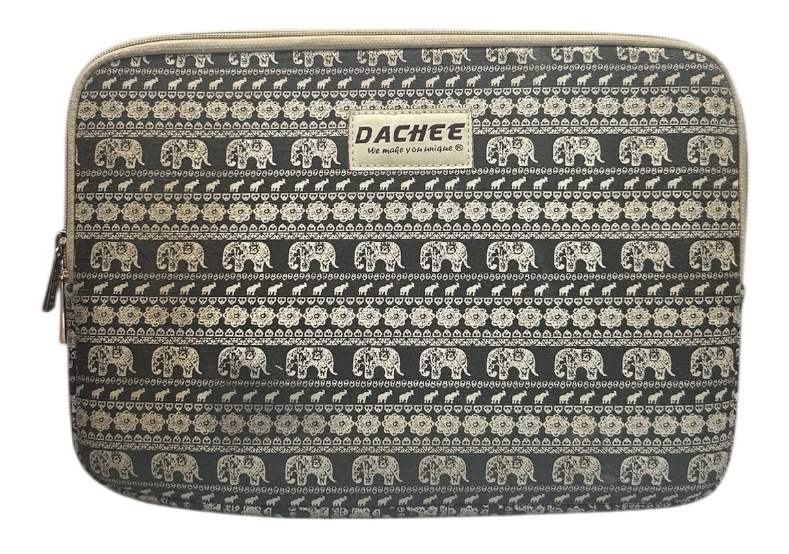 Dachee Black & Ivory Elephant Pattern Laptop Sleeve Case Bag 13.5" x 10"