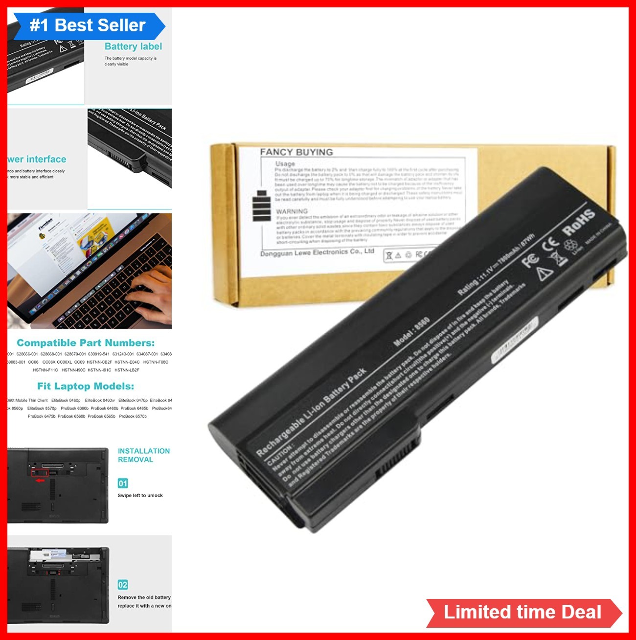 9 Cell Laptop Battery 11.1V 87Wh 7800mAh Li-ion Black Replacement for HP