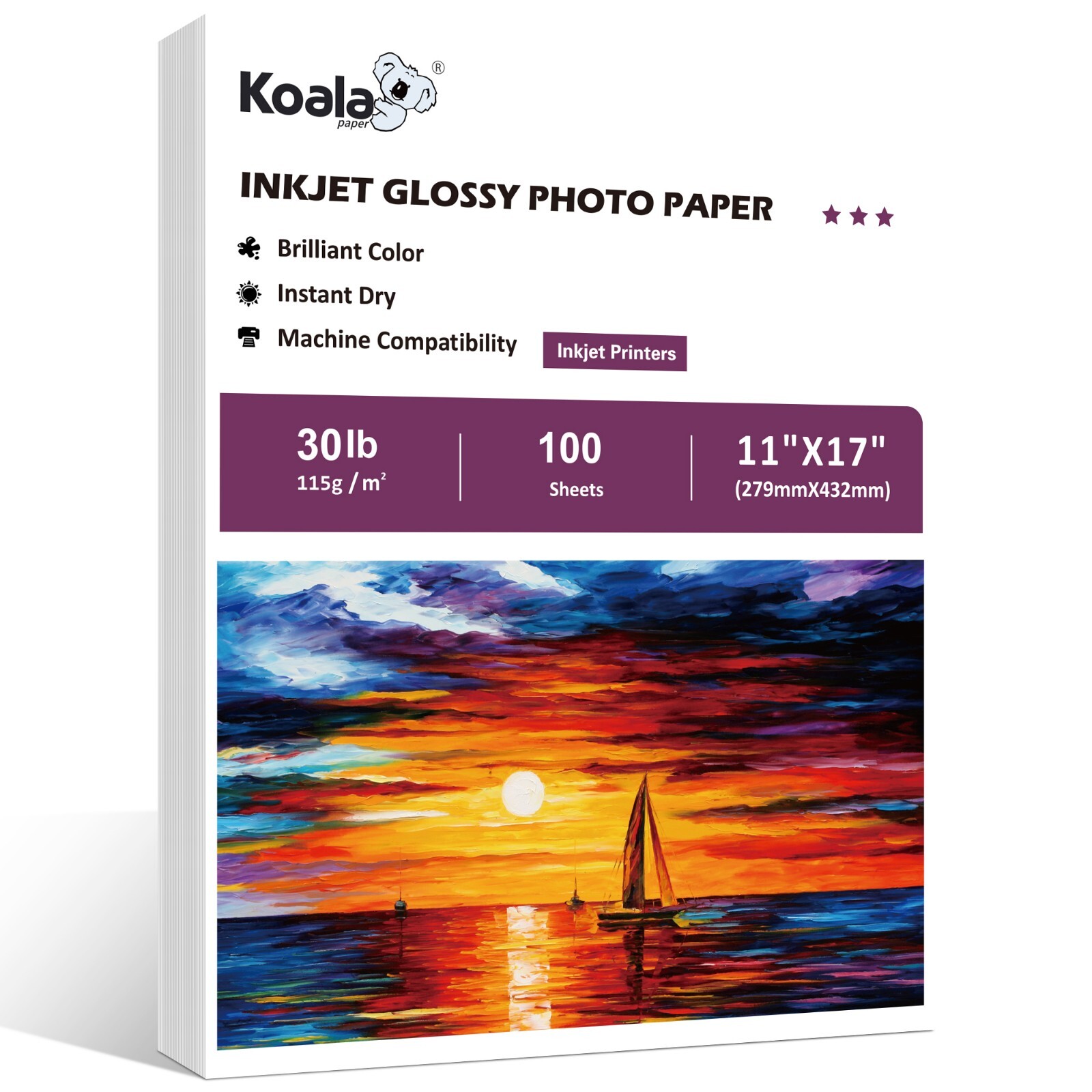 Koala Thin Inkjet Glossy Photo Printer Paper 11x17 30lb 100 Sheet Inkjet Printer
