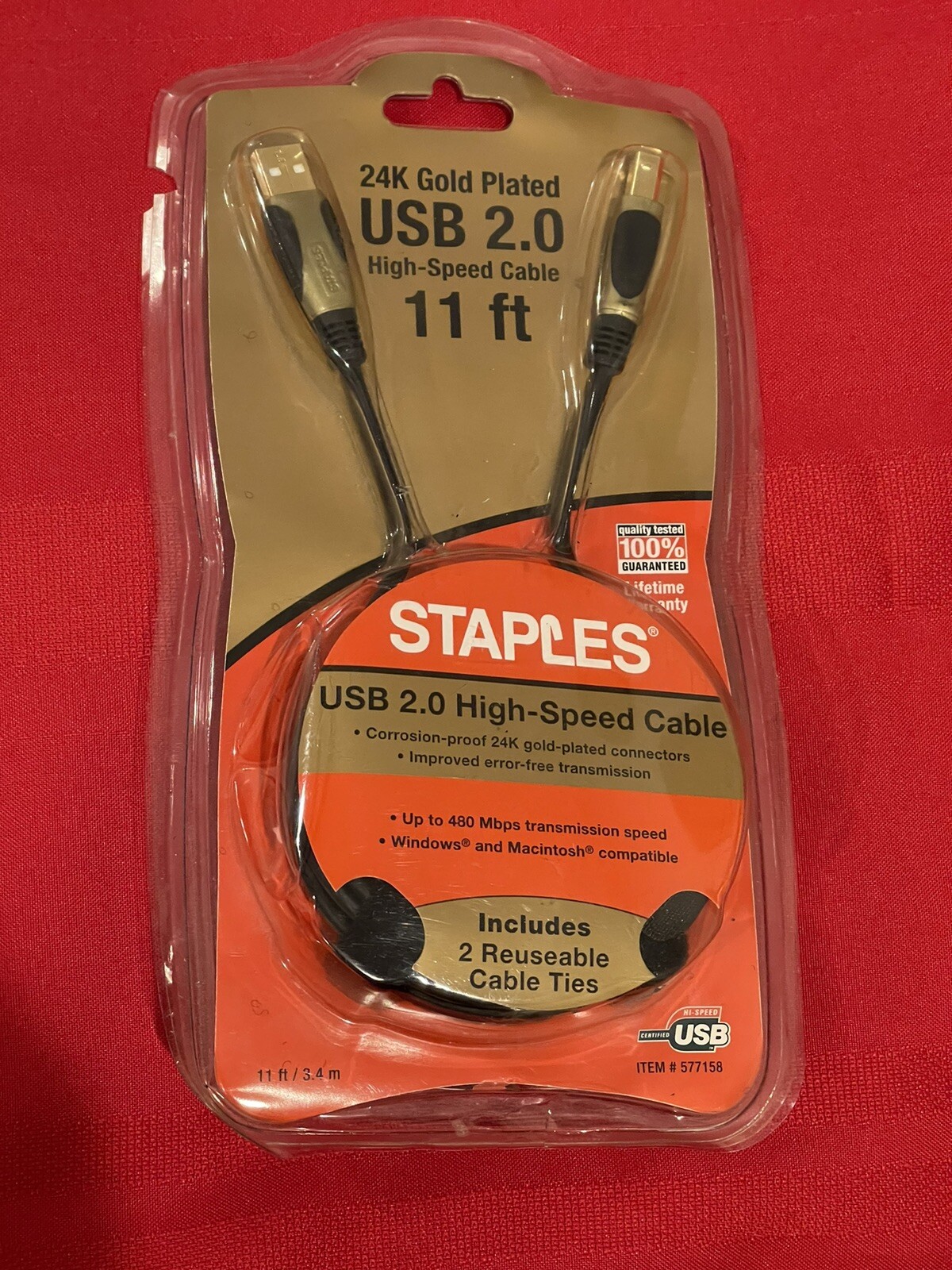 NEW Staples USB 2.0 High Speed Cable 11 ft. 24K Gold Plated -J