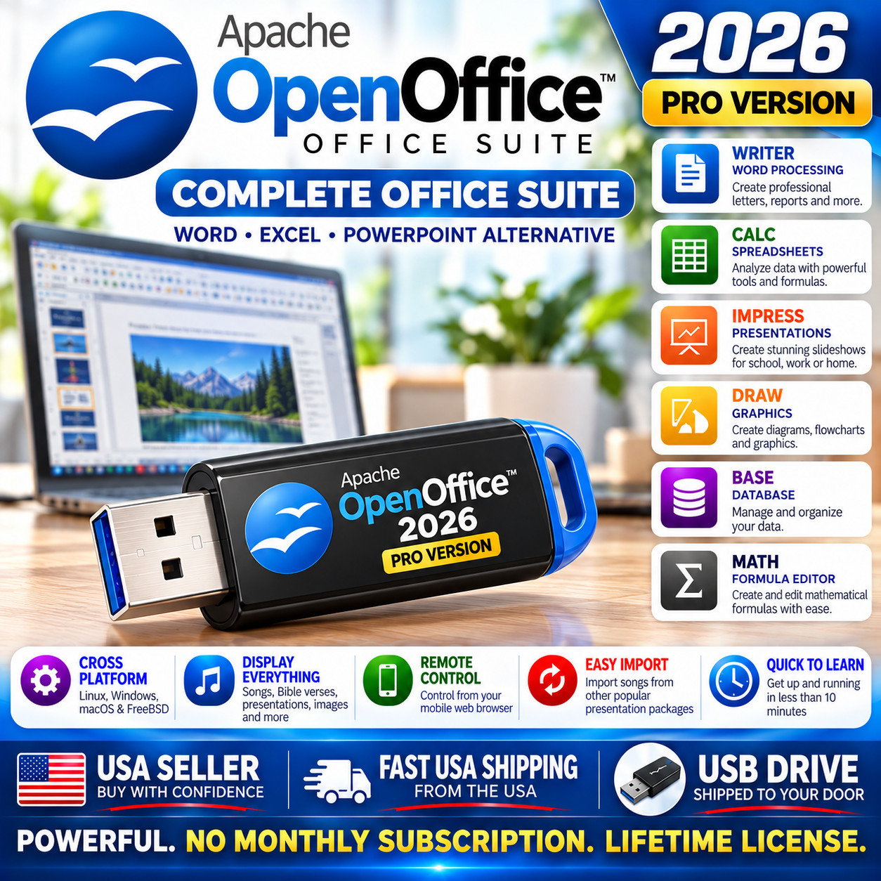 Open Office Pro Home Student Business Software Suite for Windows and MAC on USB