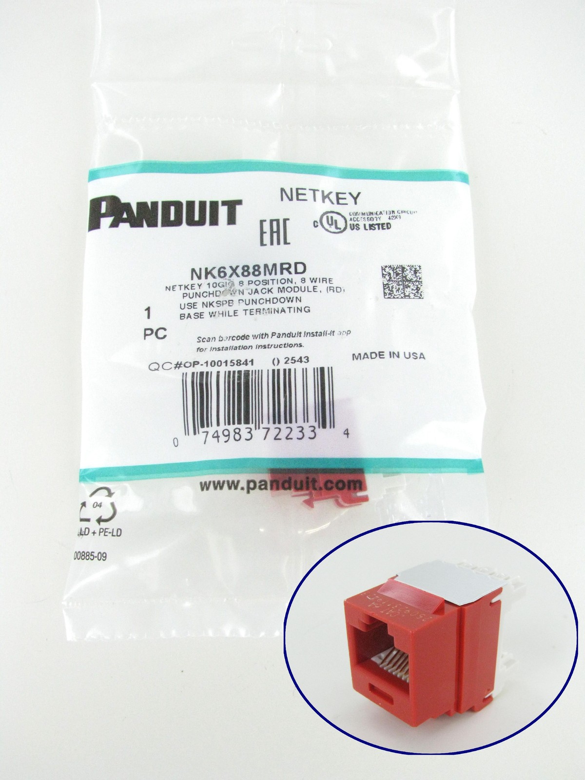 Panduit NetKey NK6X88MRD Cat6a RJ45 Keystone Punchdown Jack Module, Red ~STSI