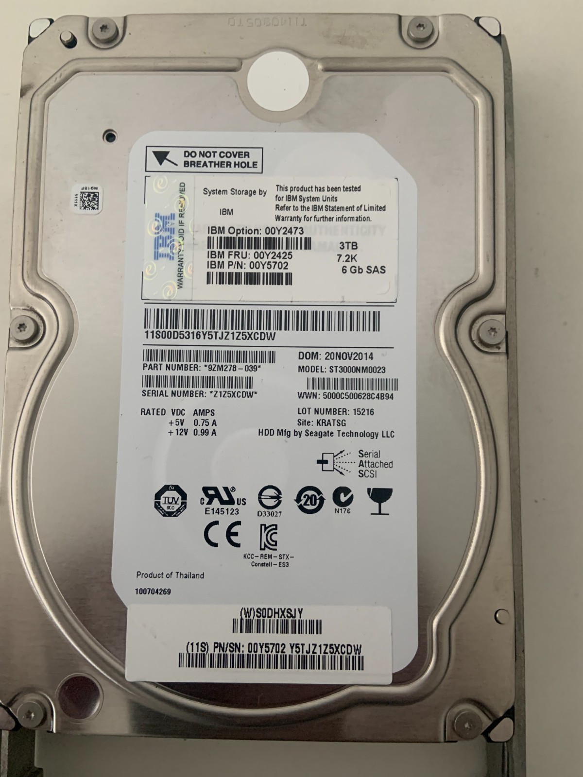 Lot of 4x IBM 3TB 7.2K RPM SAS 3.5" HDD — Seagate ST3000NM0023 — FRU 00Y2425 — V