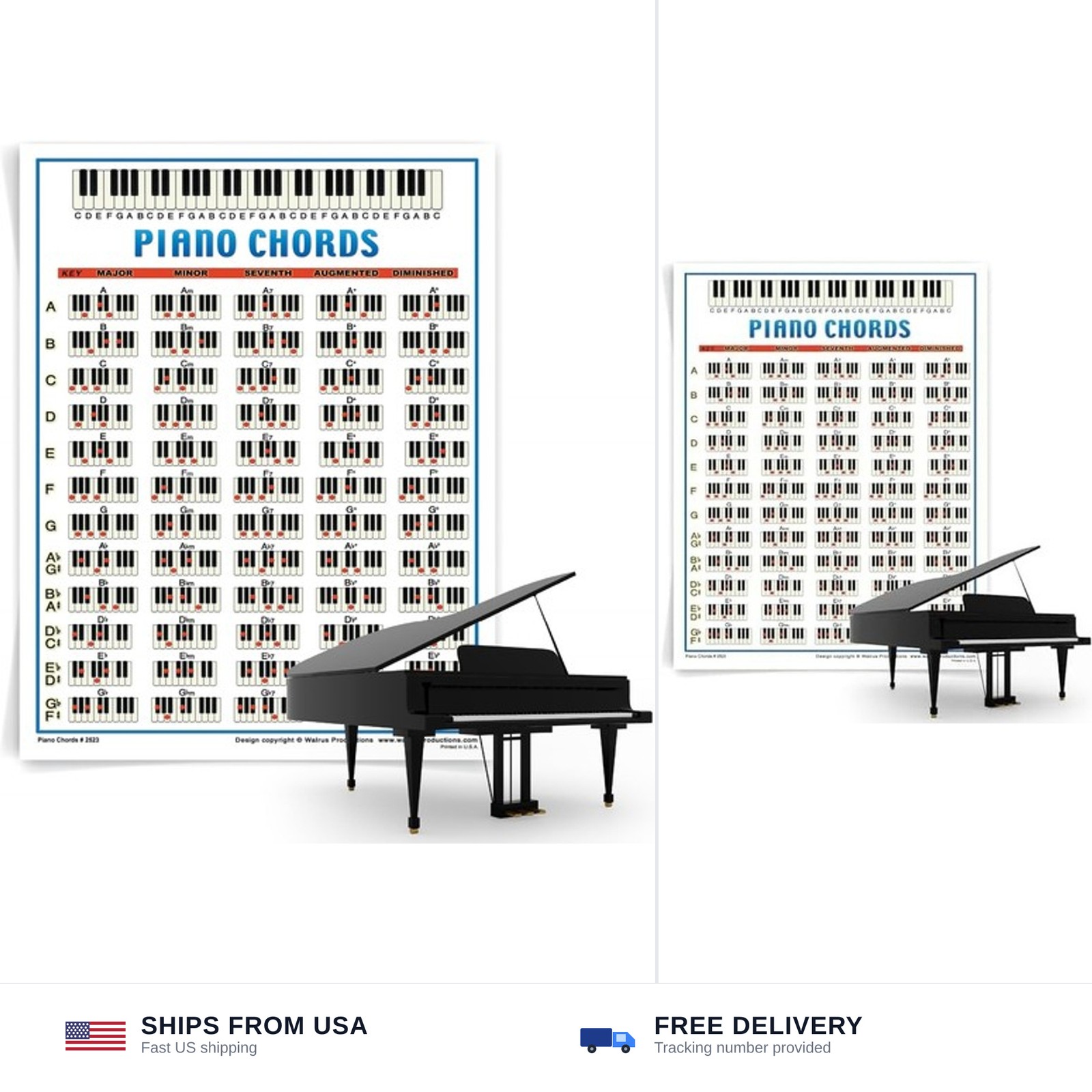 Piano Chord Chart Laminated 8.5x11 Reference Poster Music