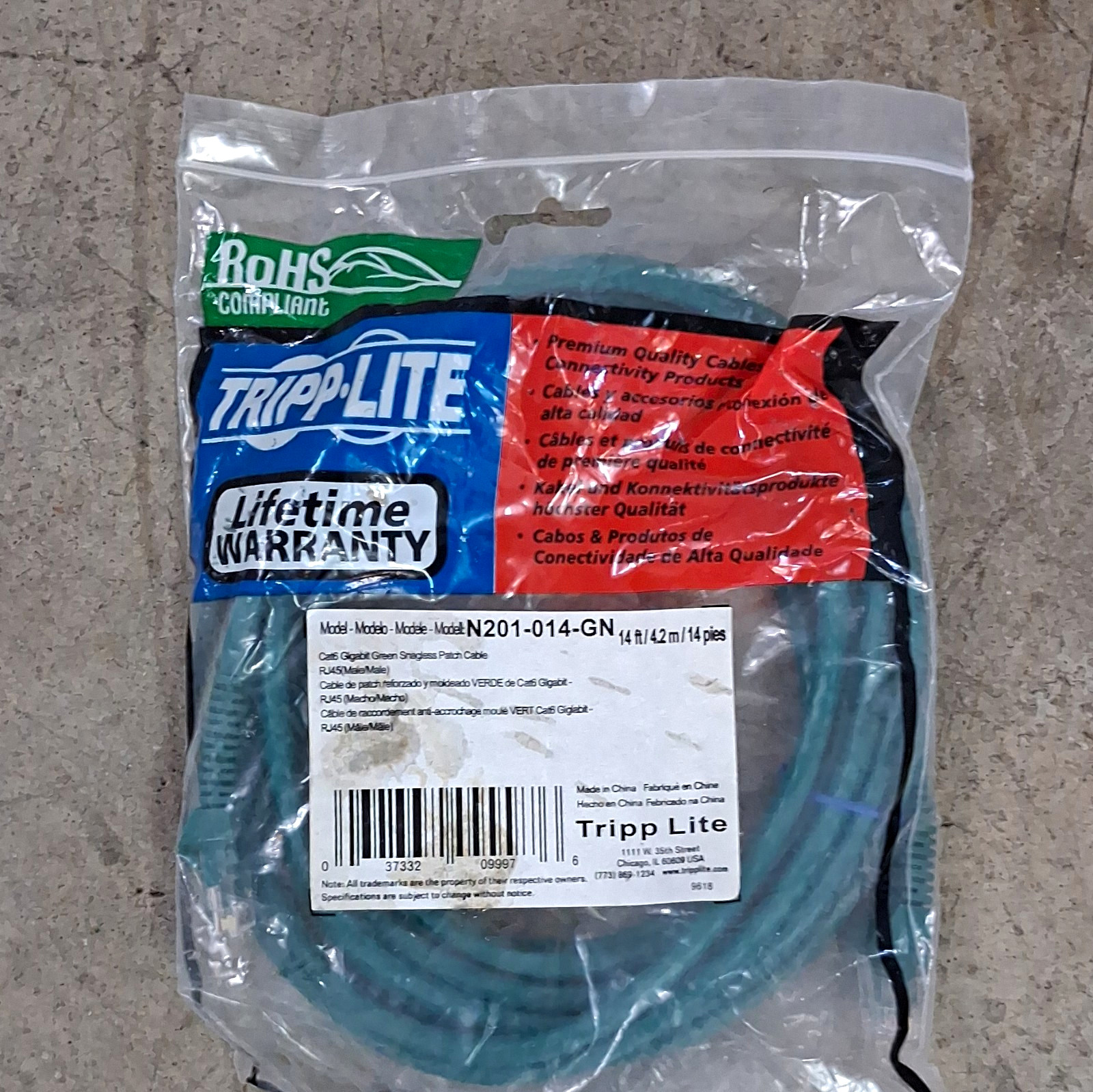 Tripp Lite N201-014-GN Cat6 RJ-45 Snagless Ethernet Patch Cable 14ft Green