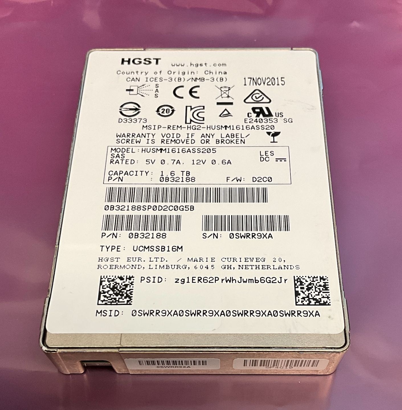HGST 1.6TB Write Intensive Enterprise/DC 2.5" SAS SSD - 10.0 DWPD - 100%