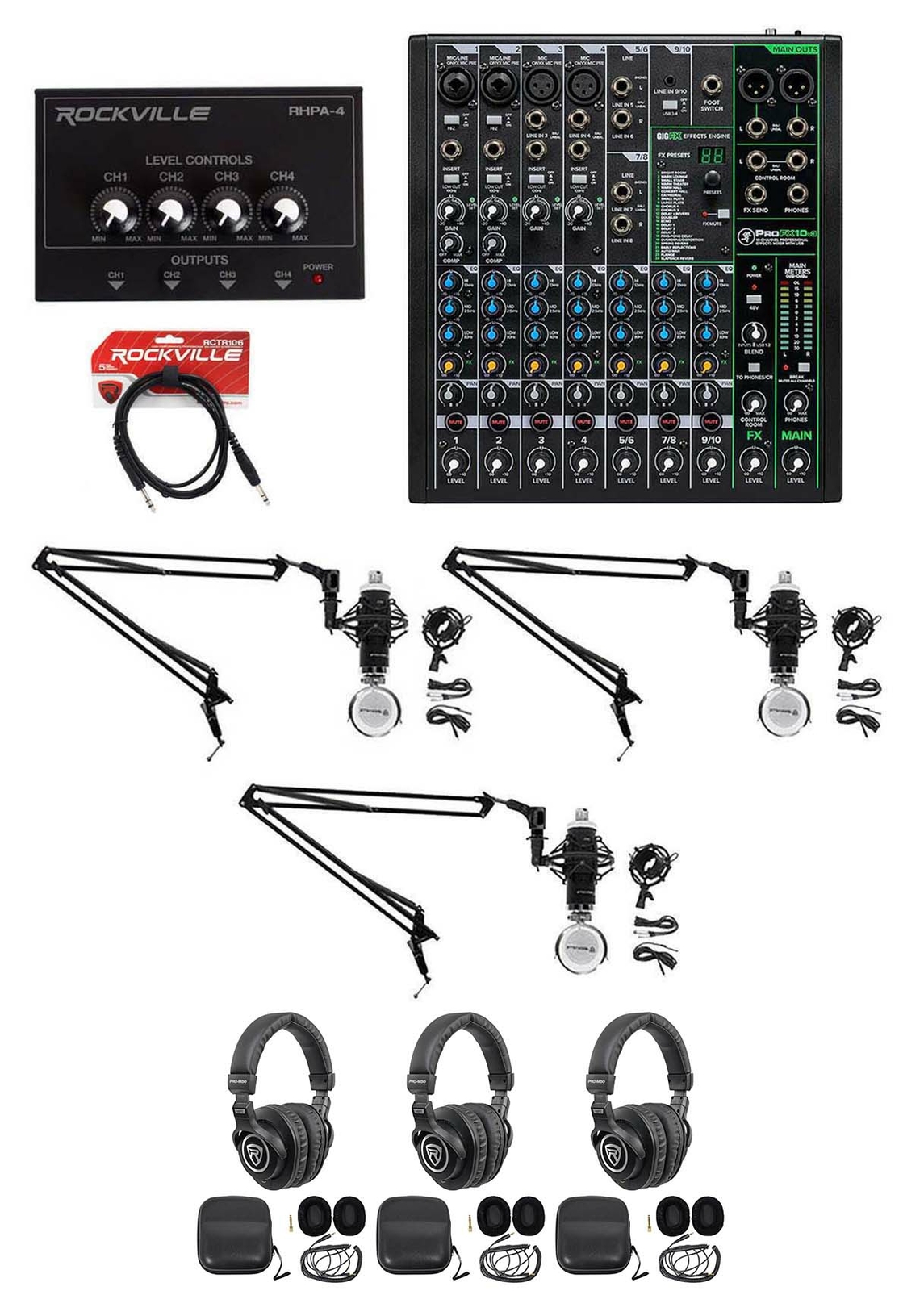3-Person Podcast Podcasting Recording Kit w/Mackie ProFX10 v3 Mixer+Boom Arms