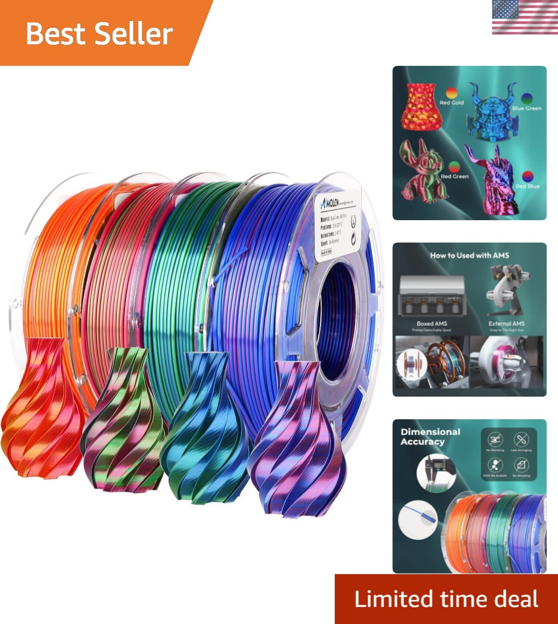 Precision Silk PLA Filament 1.75mm - 4 Spools Dual Color for Flawless Printing