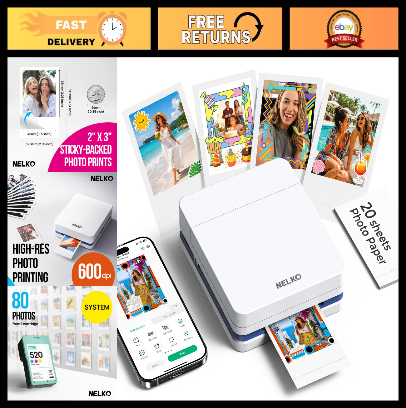 Portable 2x3 Photo Printer - Instant Color Mini Printer for iOS & Android, Bluet