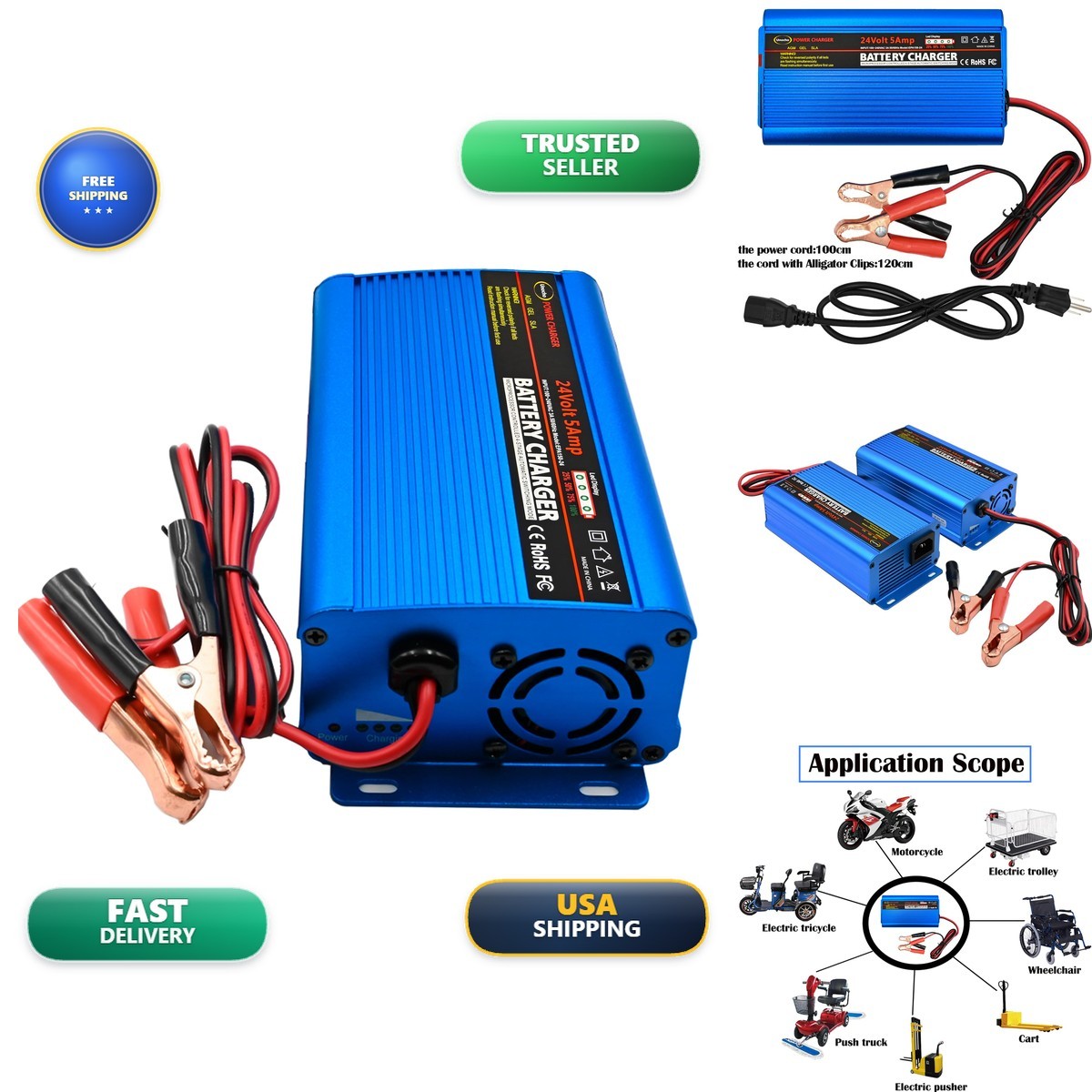 Unocho 24V 5A Battery Charger Maintainer Alligator Clips for AGM Gel SLA VRLA