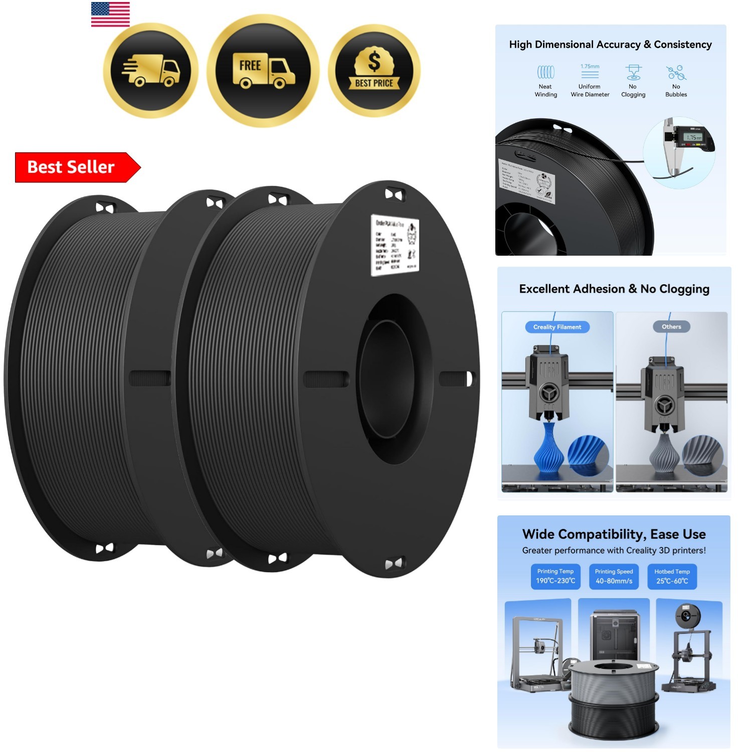 3D Printer Filament, PLA Filament 1.75mm Bundle 2Kg for 3D Printing, Ender PL...