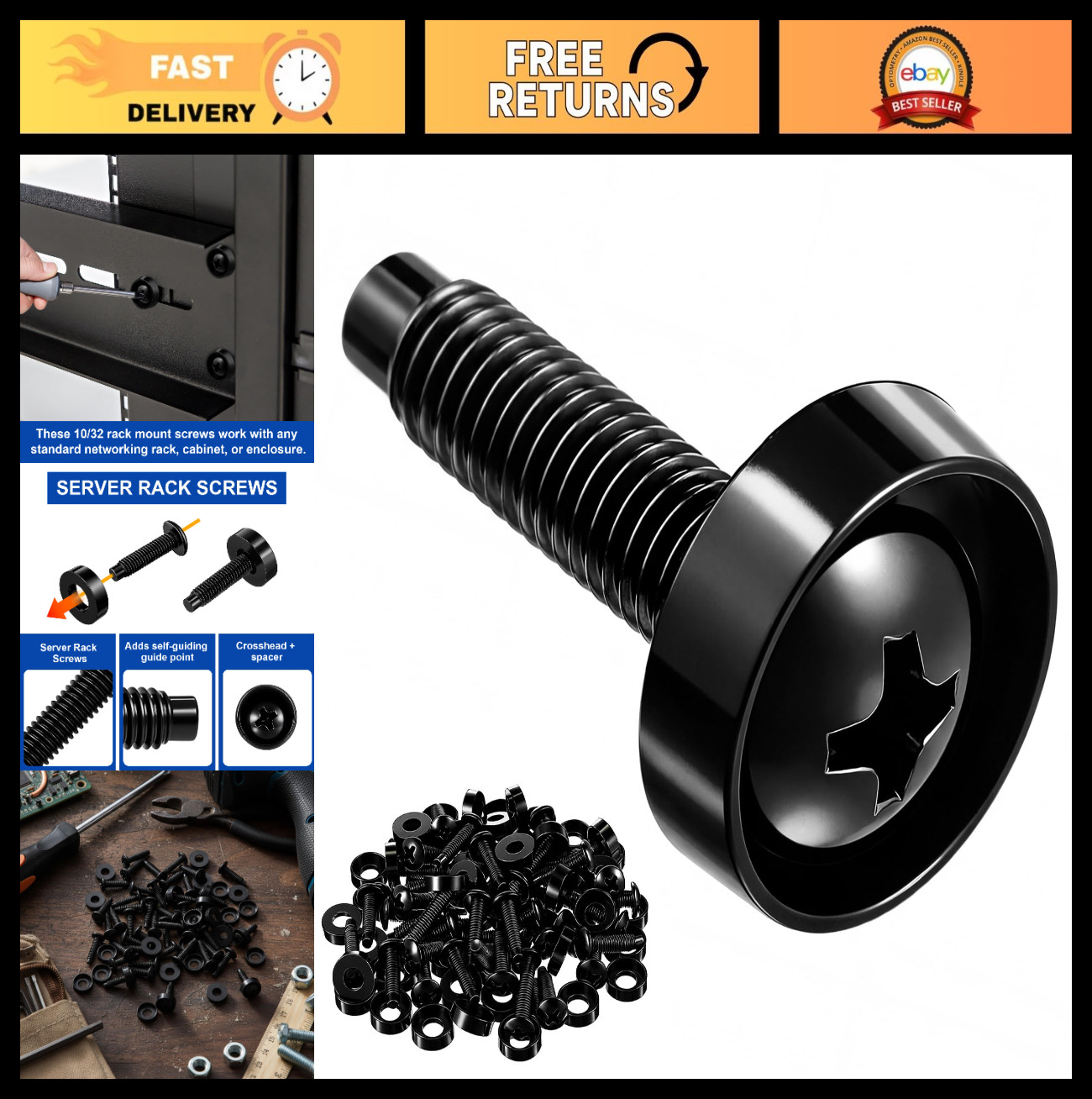 100 Pack 10-32 Rack Screws with Nylon Washers, Pilot Point, Black for Server Rac