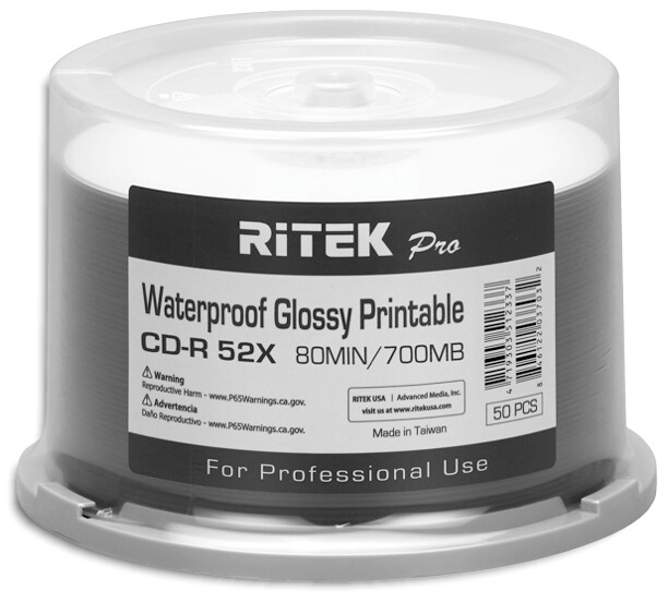 200-Pak RITEK PRO Waterproof GLOSSY White Inkjet Hub 52X 80-Min CD-R's