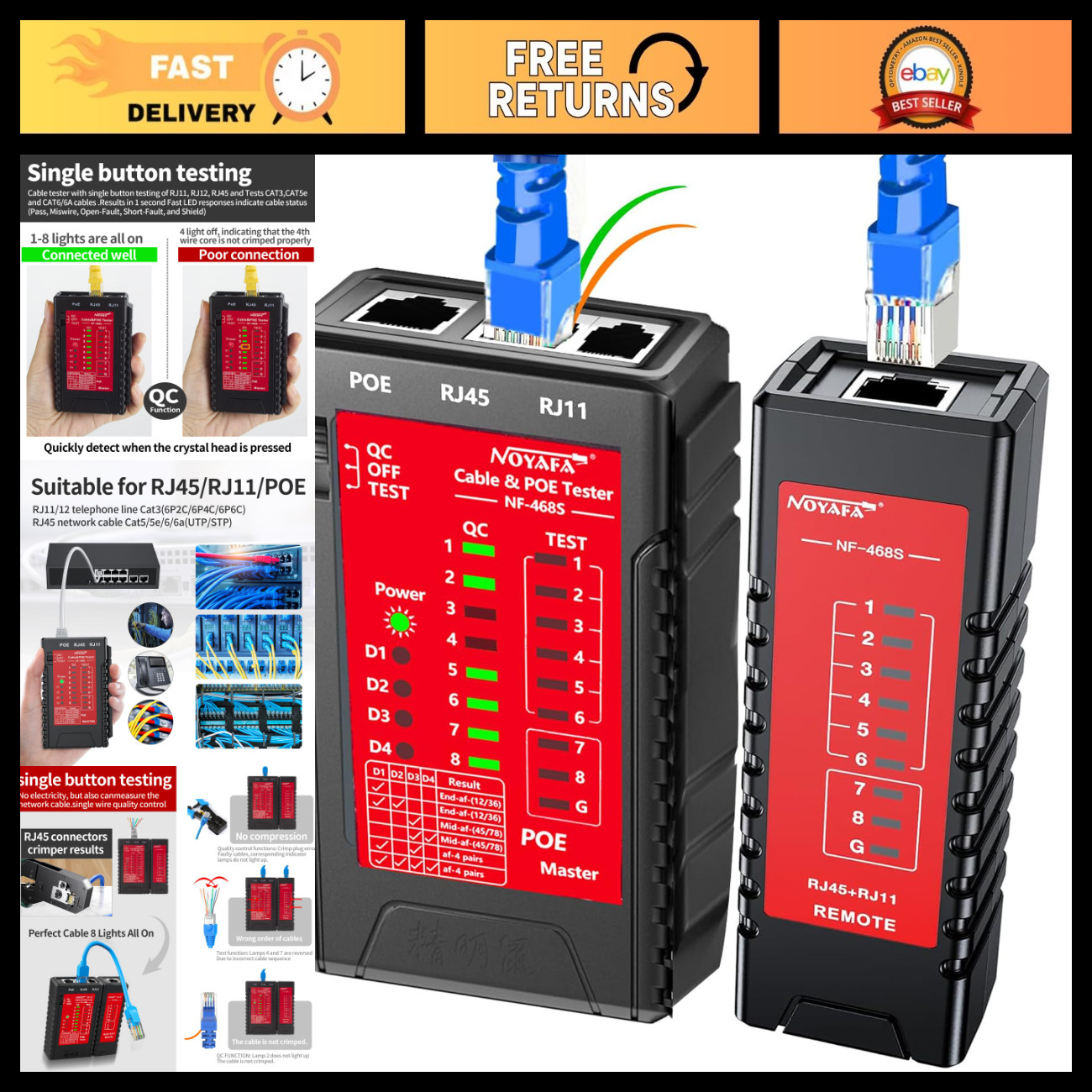 Network Cable Tester RJ45 RJ11 PoE Tester for Ethernet, LAN, and Phone Cables