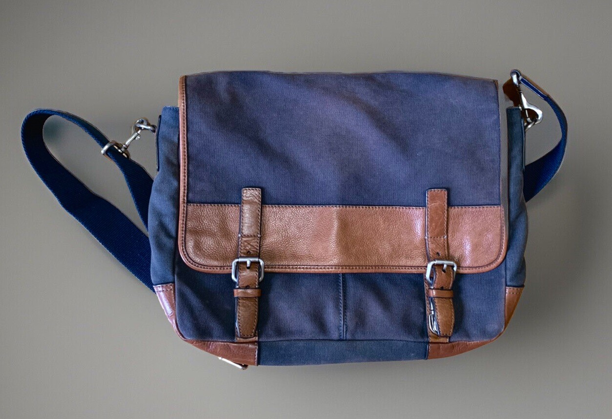 Fossil Messenger Bag Navy Canvas Brown Leather Accents Laptop Bag Crossbody