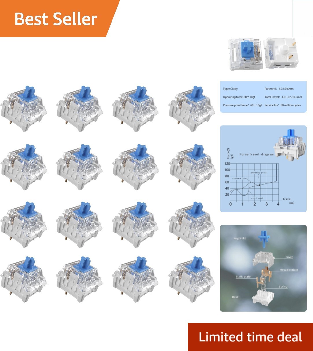 Upgrade Your Gaming Setup: 108pcs Dustproof Blue Clicky Keyboard Switches