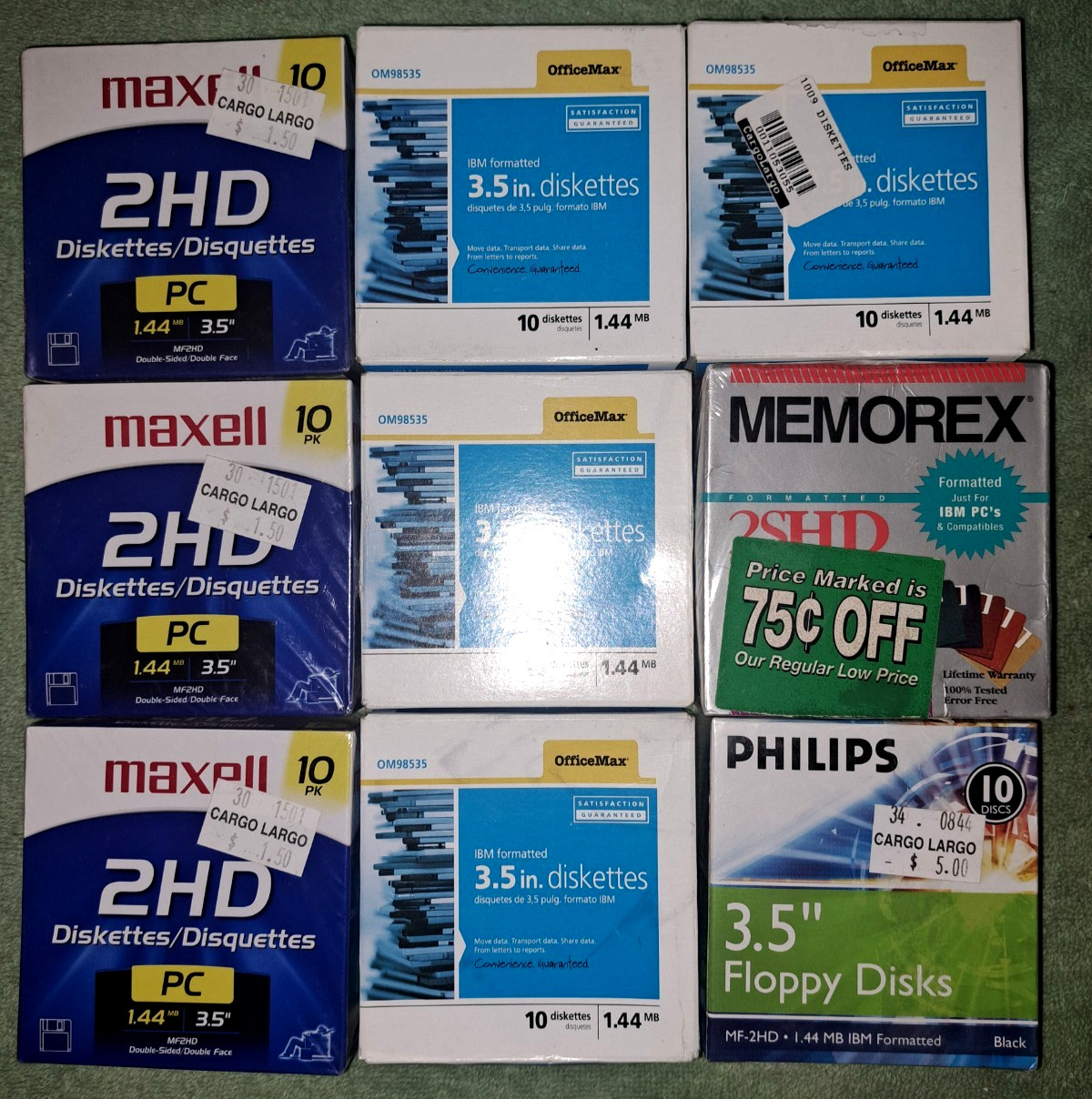 90 NEW 1.44 MB 3.5 Floppy Disks 9 Packs Of 10 Memorex Phillips Maxell Officemax