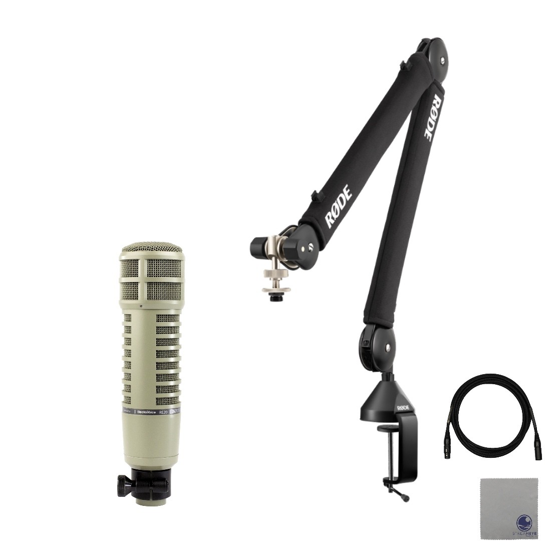 Rode PSA1+ with Electro-Voice RE20, XLR Cable and StreamEye Polishing Cloth