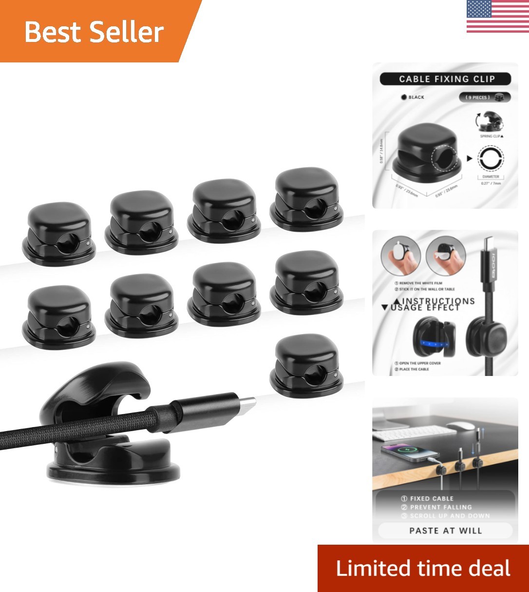 9-Pack Spring Cable Holder Clips - Black, Effortless Cable Organization