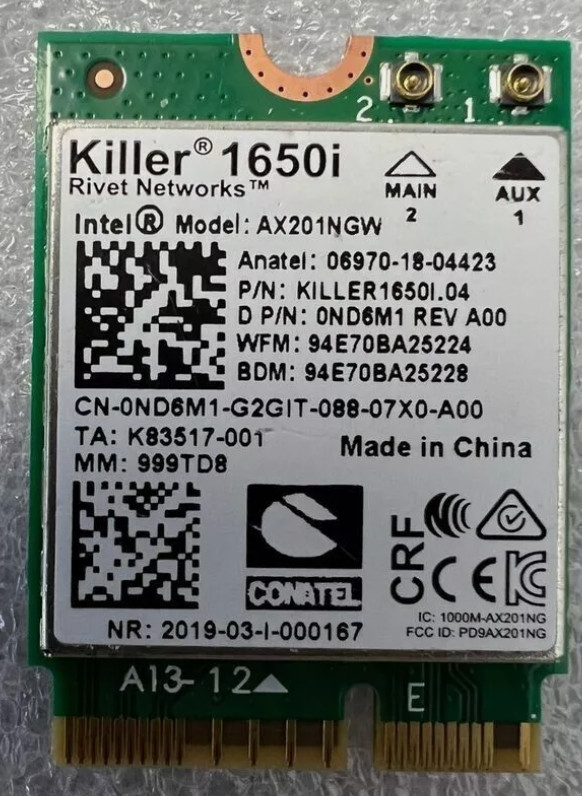 Intel Killer 1650i Wireless Wi-Fi 6 Bluetooth 5 AX201NGW ND6M1 0ND6M1 TESTED