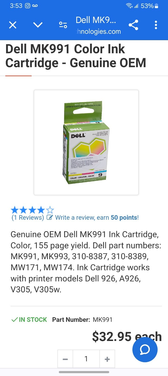 New Unopened 2 Pkgs Of Dell MK991 Tri Color Cartridges Models 926, V305, V305w