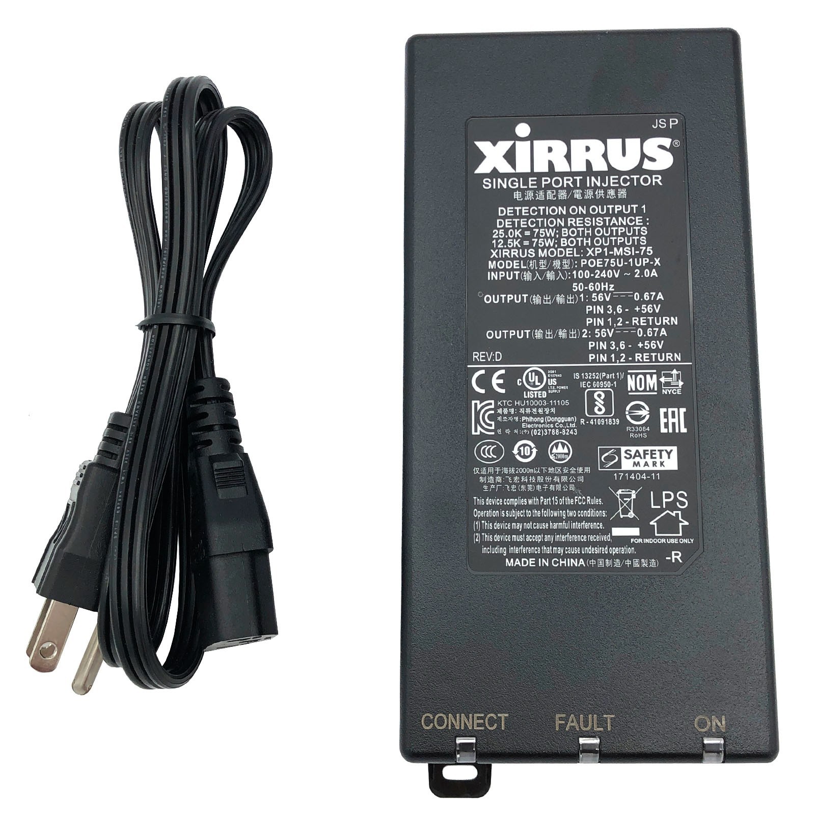 Authentic Xirrus AC Adapter For Xirrus XD4-240 XE5-8 XR-630 XR-620 PoE Injector