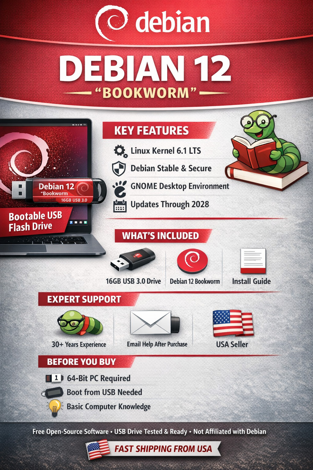Debian 12 Bookworm Bootable USB 16GB USB 3.0 Linux Installer Live