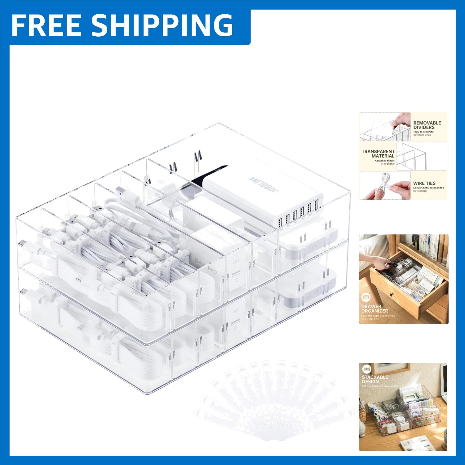 Effortless Organization: 2 Pcs Clear Cable Storage Box with Adjustable Dividers