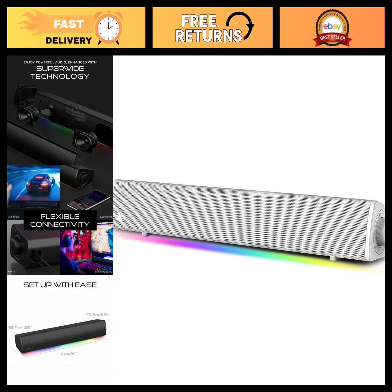 Compact RGB Gaming Soundbar, Superwide Audio, Stylish White Design, PC & Console