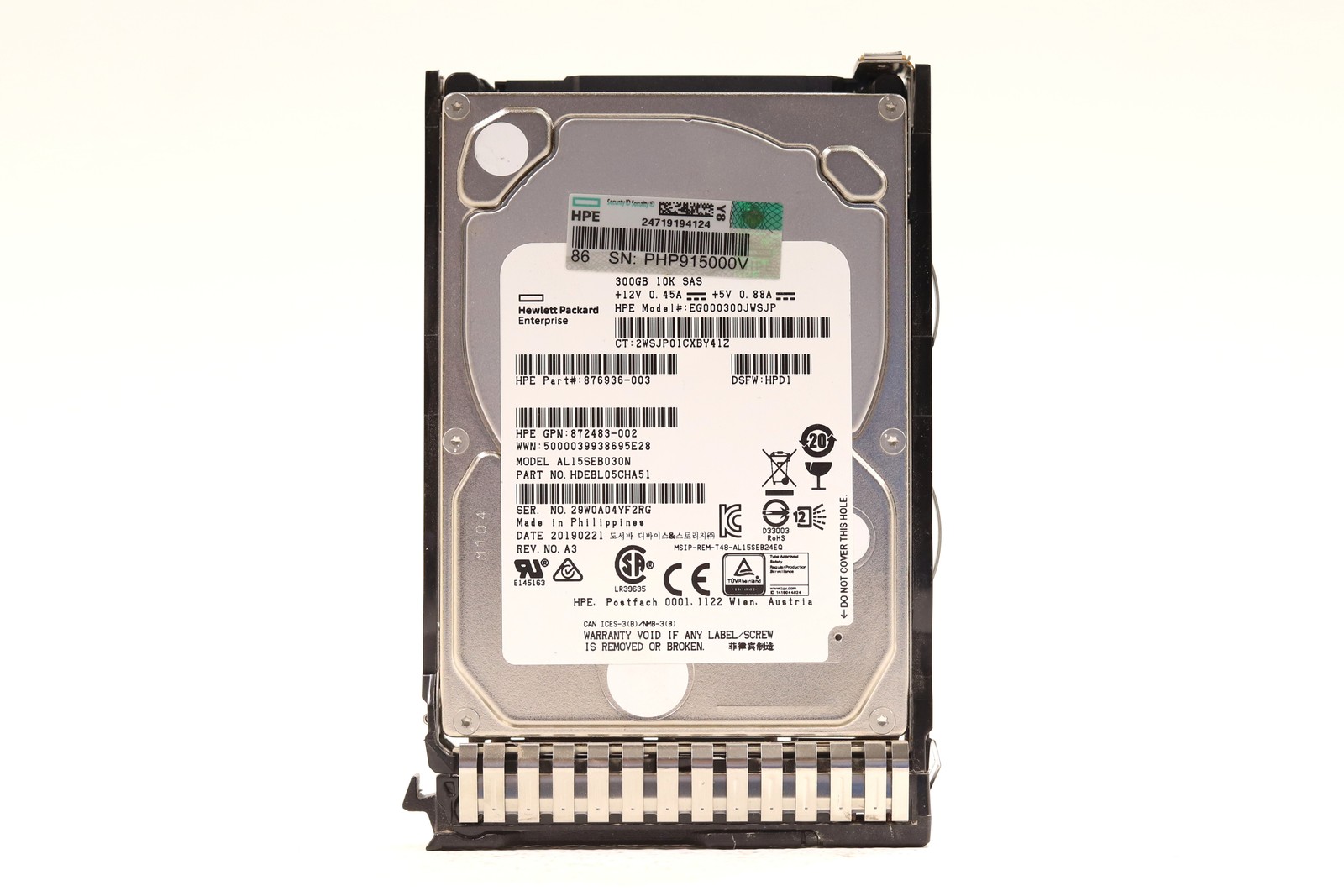 HPE EG000300JWSJP 300GB 2.5" 12Gb/s 10K RPM SAS HDD W/Caddy P/N: 872483-002