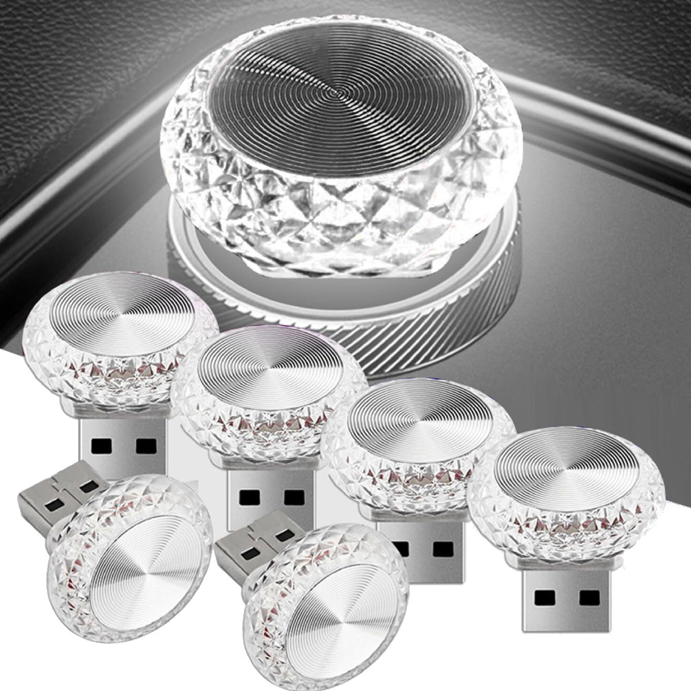 6Pcs Mini USB LED Car Interior Atmosphere Mini Lamp Crystal Cool White Light