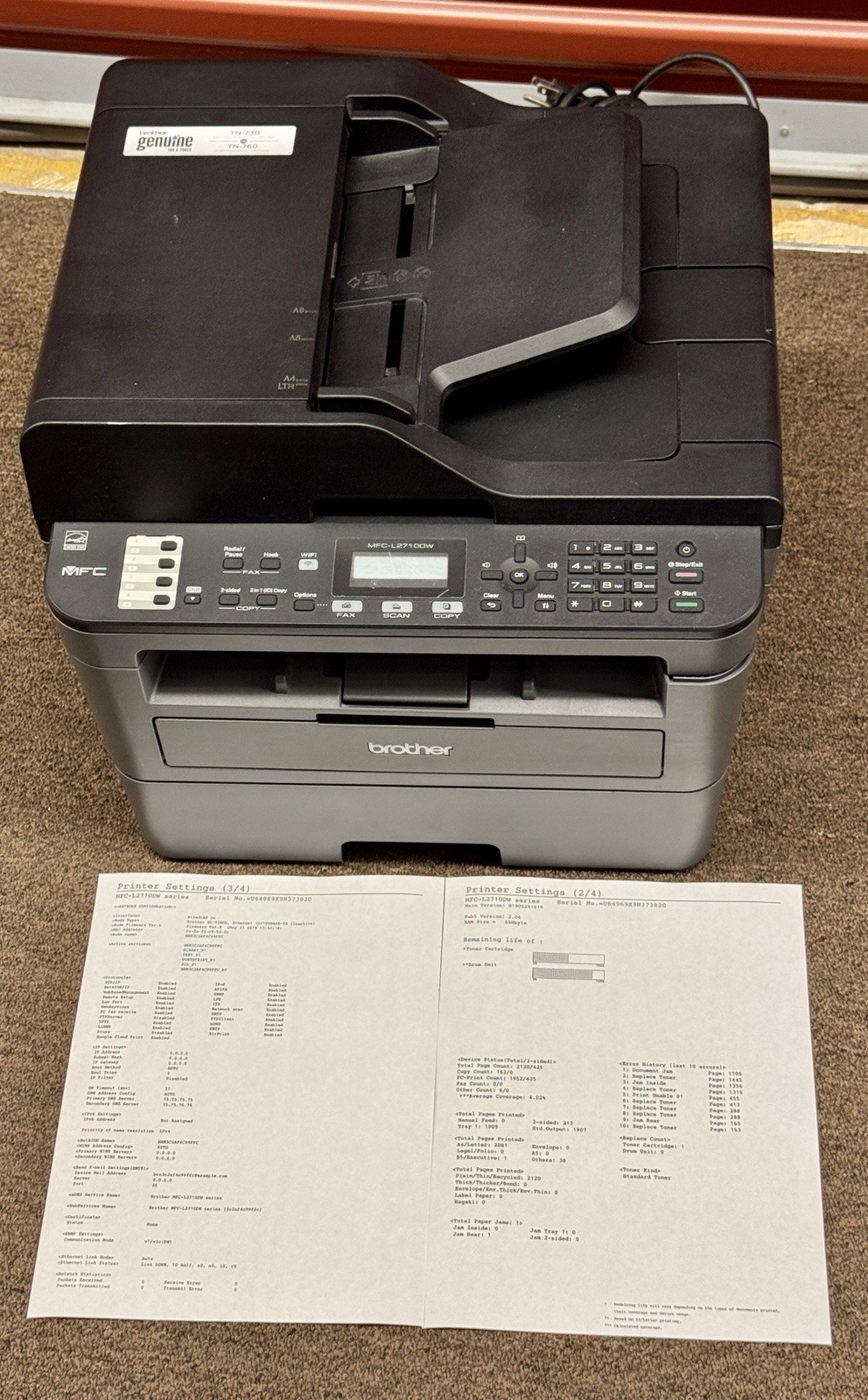 Brother MFC-L2710DW Laser All-In-One B&W Printer Wi-Fi Duplex Fax-1.3kPages Only