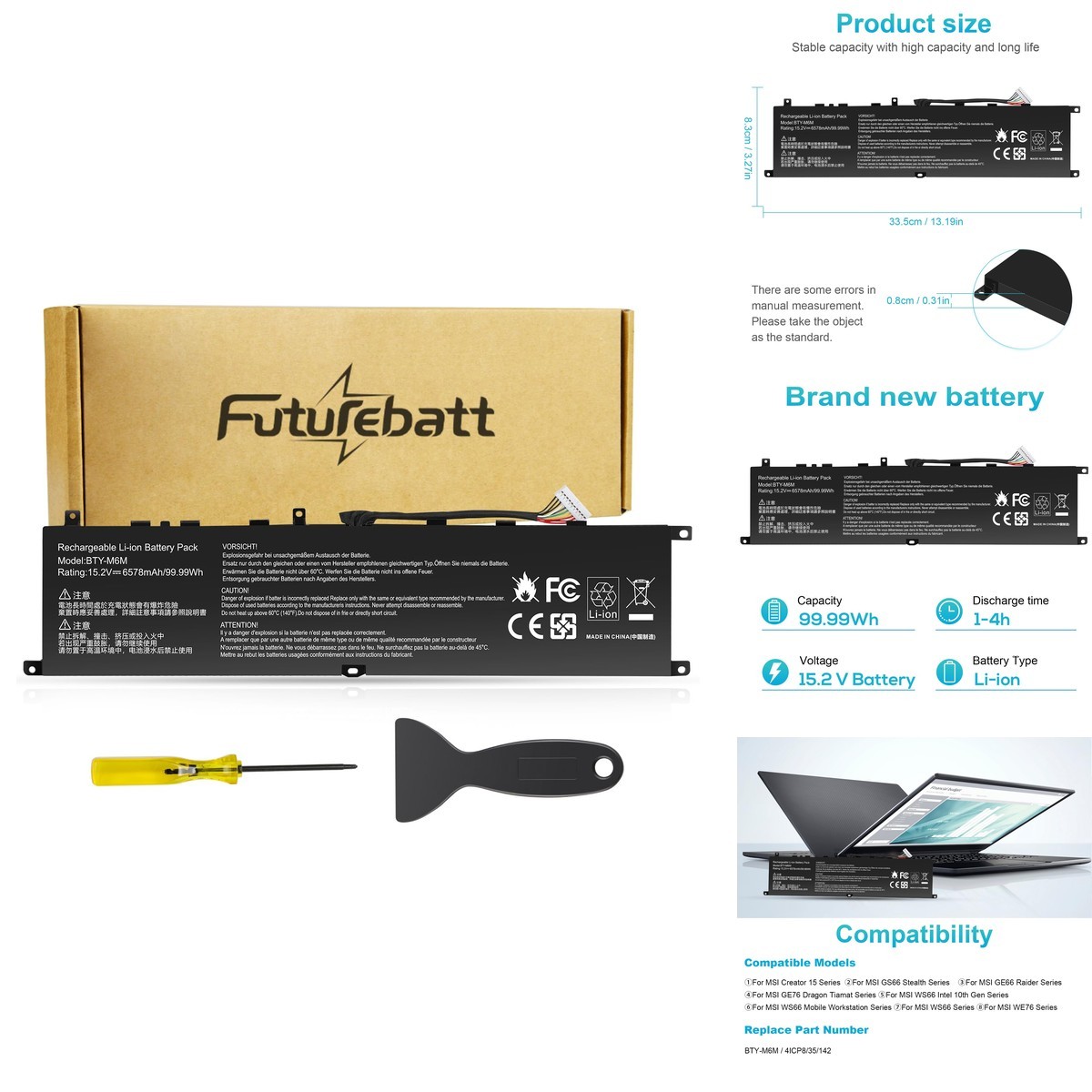 BTY-M6M Battery for MSI GS66 Stealth GE66 GE76 Raider WS66 WE76 Creator 15