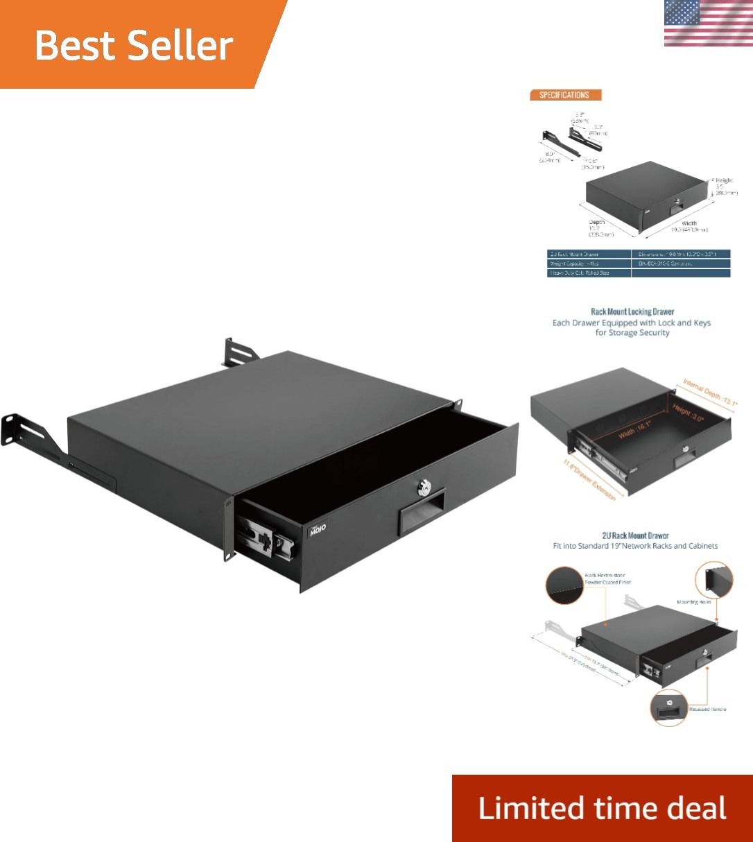 2U Lockable Rack Drawer for 19'' Network Equipment - Heavy-Duty Storage Solution