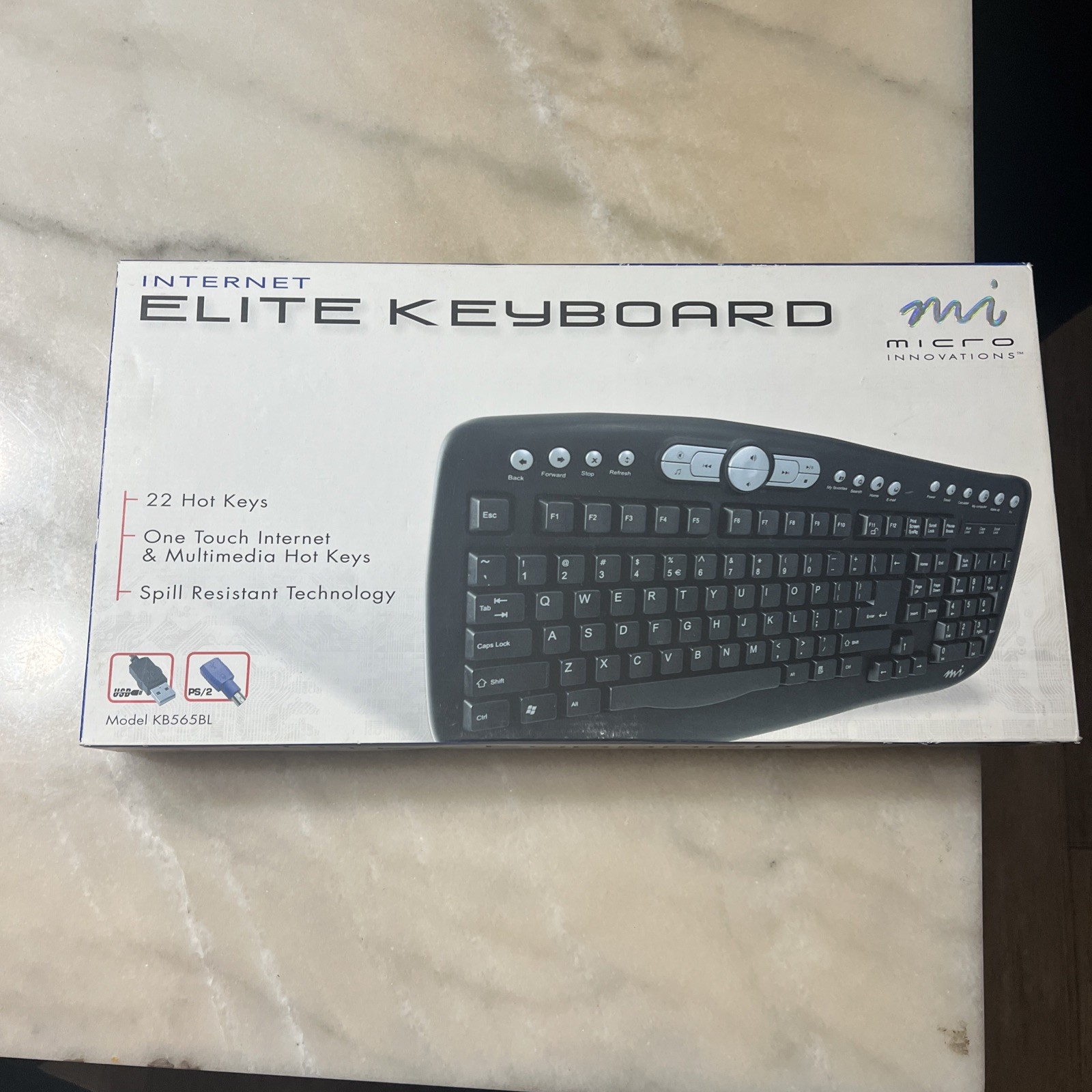 Micro Innovations Internet Elite Keyboard KB565BL New In Package Spill Resistant