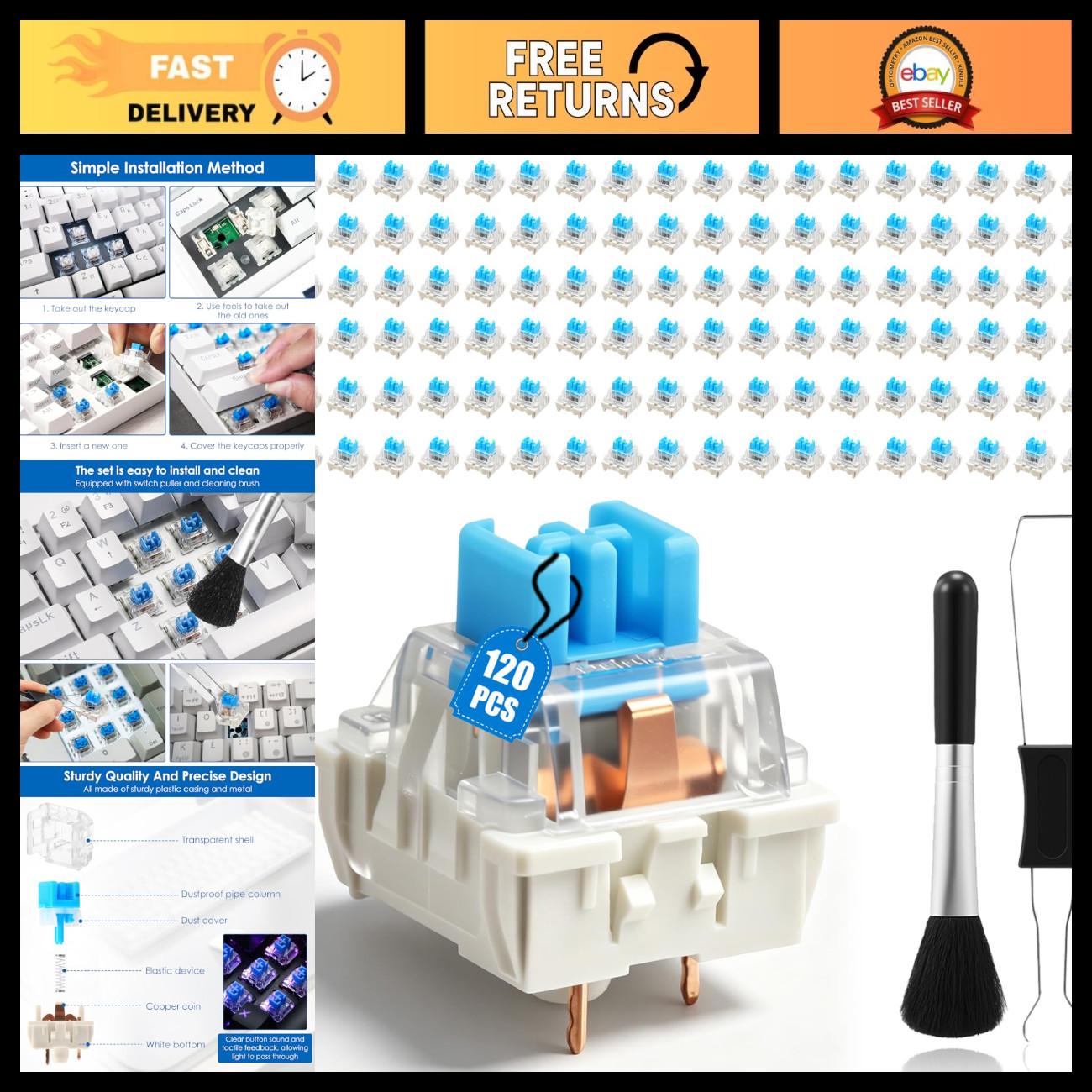 120 Pcs Blue Mechanical Keyboard Switches, 3-Pin Clicky Switches for Gaming