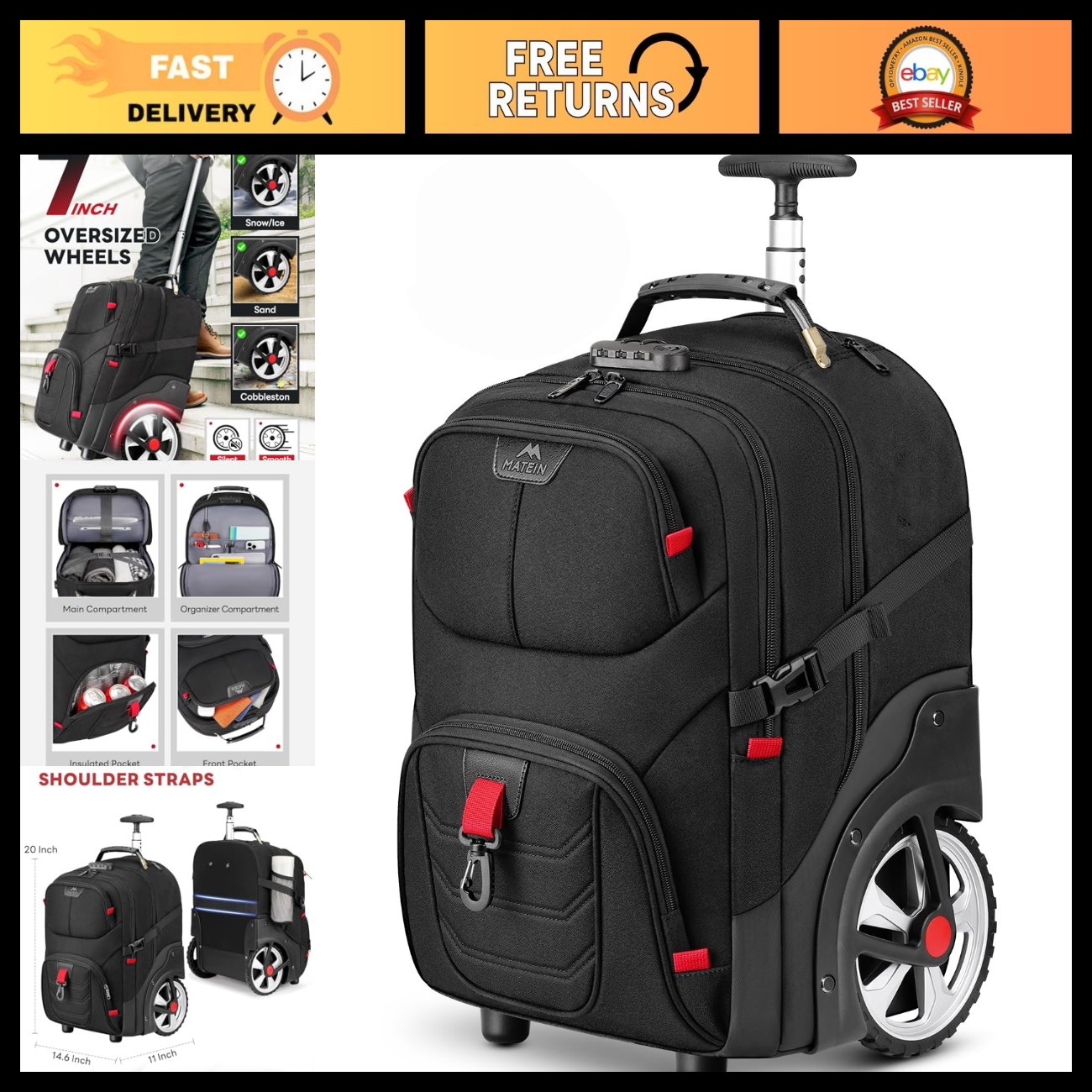 Rolling Laptop Backpack with Wheels, 17 Inch Travel Bag for Adults, Durable & Li