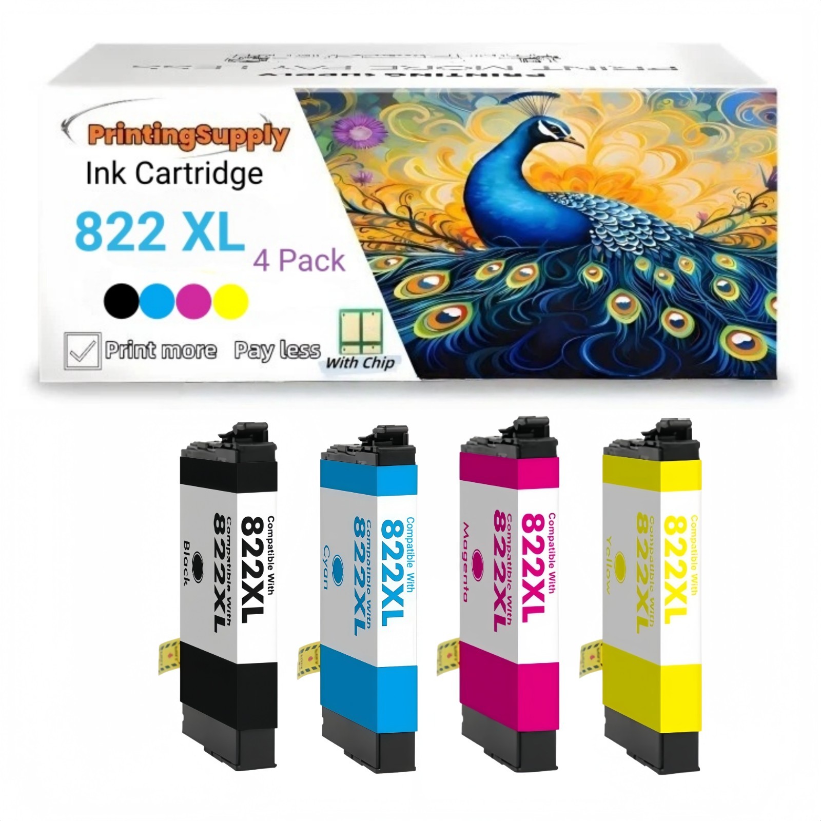 4x Hi-Yield Ink For Epson 822XL T822XL WorkForce Pro WF3820 WF4820 WF4830 WF4834
