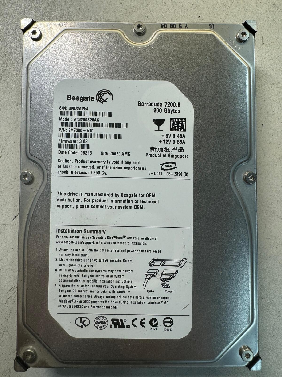 SEAGATE ST3200826AS 9Y7389-510 200GB Firmware 3.03 Date Code 06213 SATA 3.5" HDD