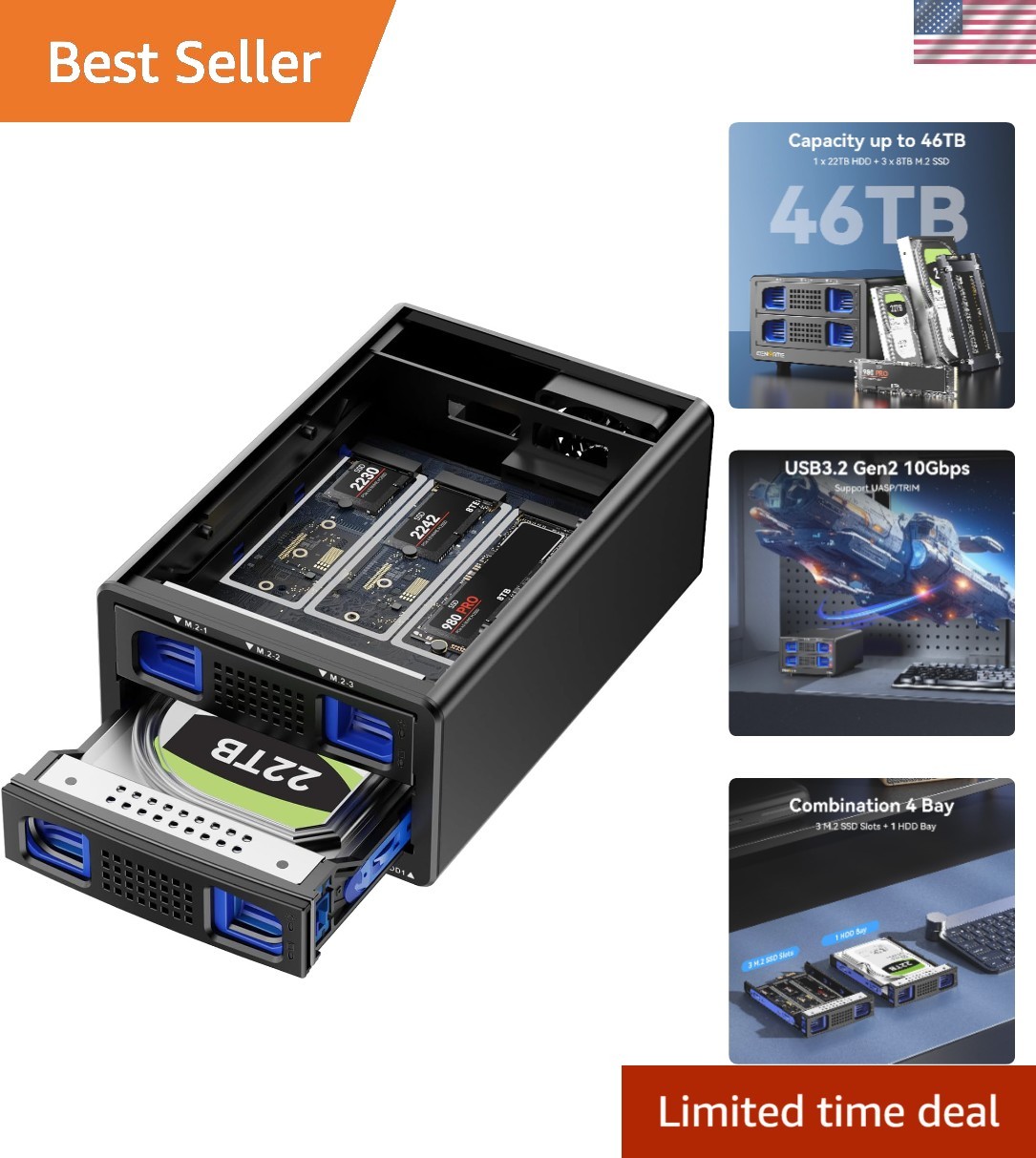Ultra-Fast 10Gbps Hybrid Hard Drive Enclosure with Cooling Fan for SATA & NVMe