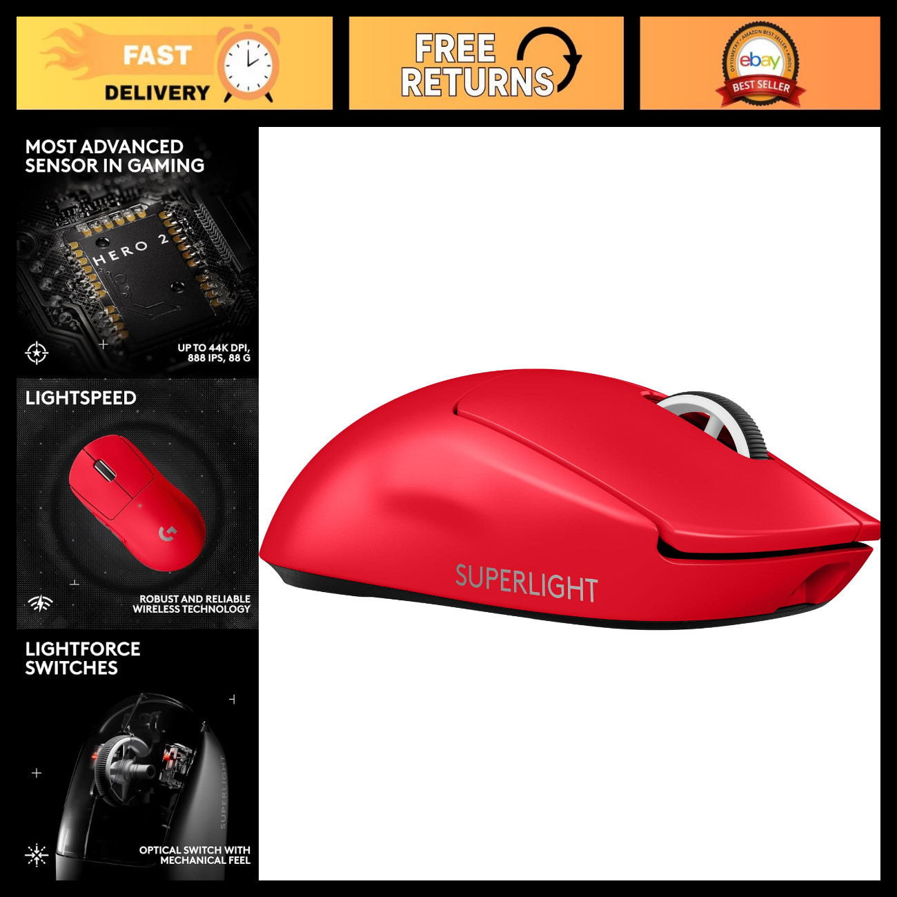 Wireless Gaming Mouse - Ultra-Lightweight, High Precision, RGB Lighting - Red