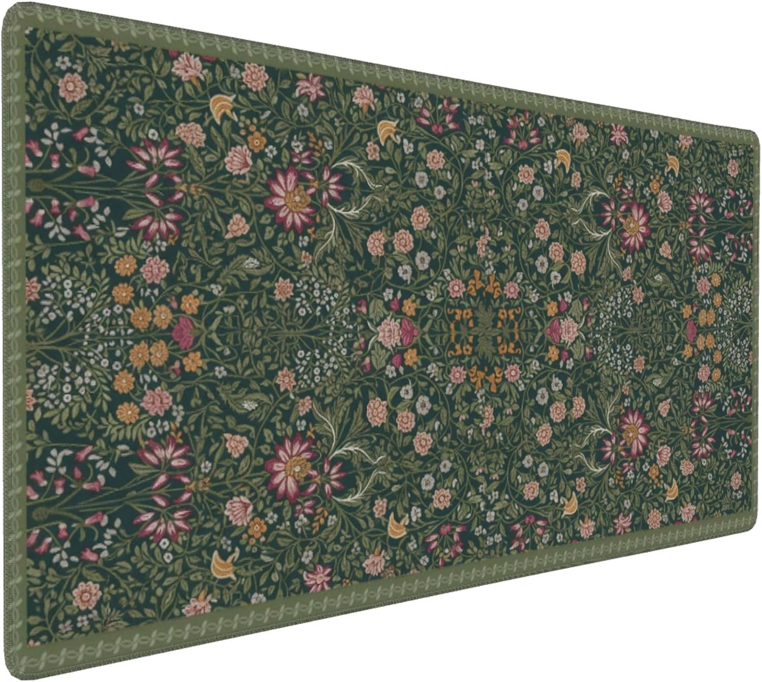 Dark Green Floral XXL Desk Mat, Extra Large Mouse Pad with Anti-Slip Base & Stit