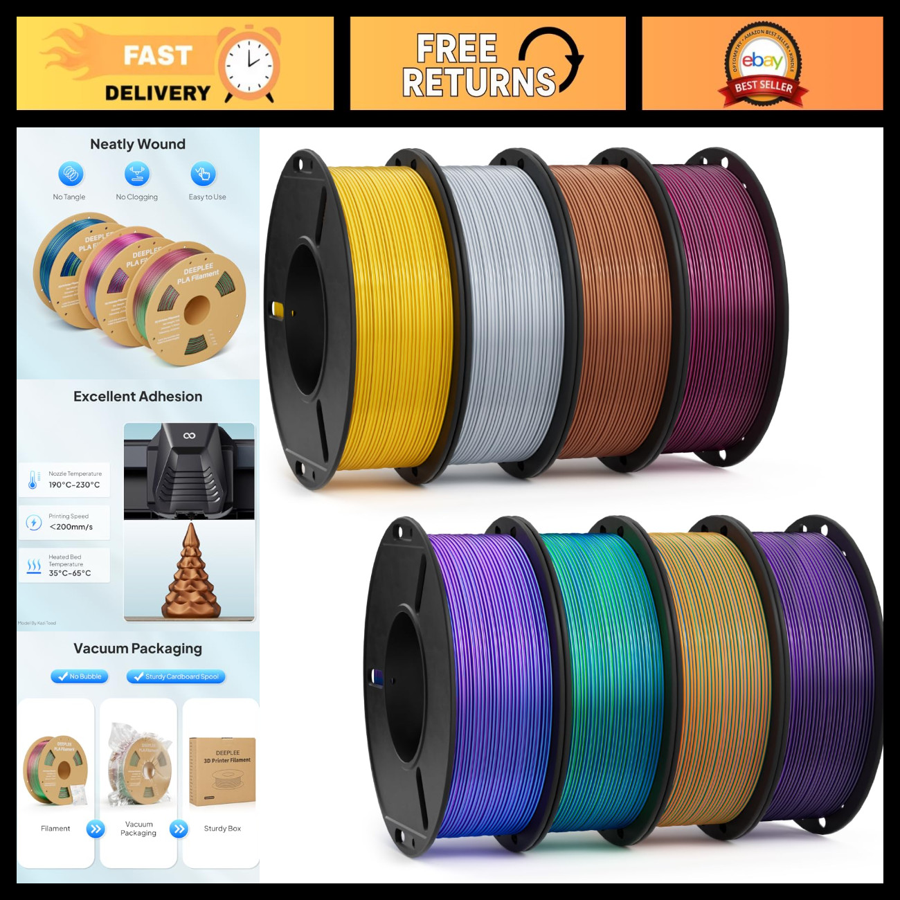 High-Quality 1.75mm Silk PLA 3D Printer Filament - 8 Pack, 250g Bundle, Vibrant
