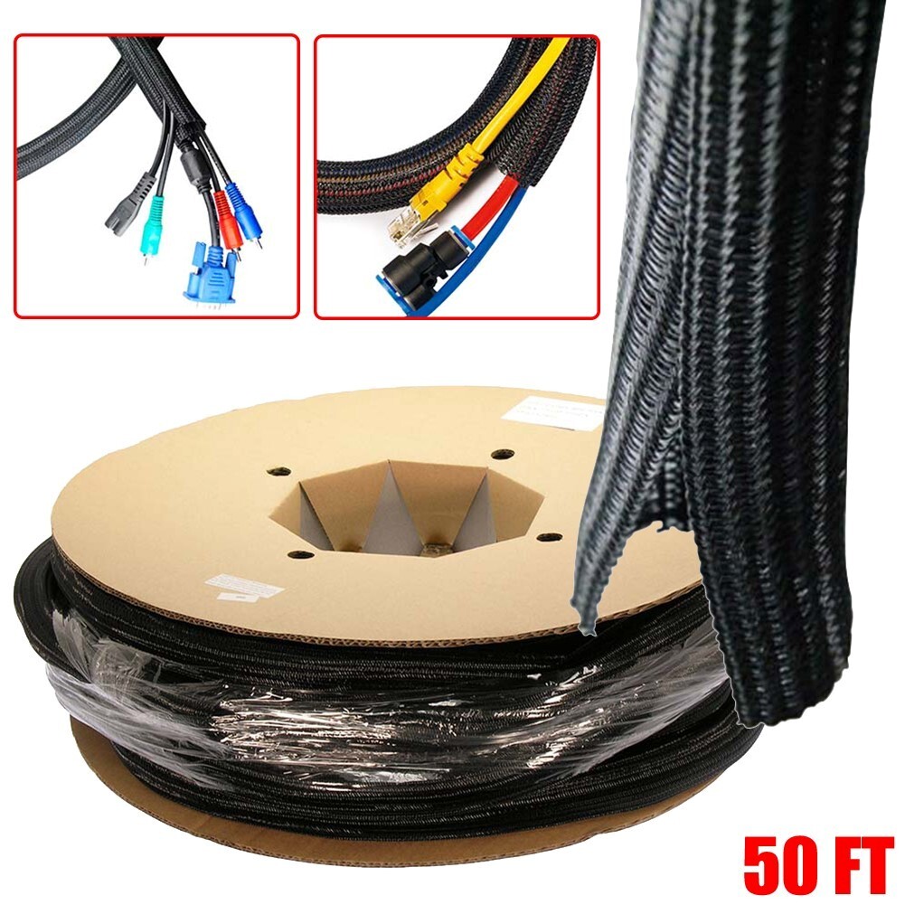 50FT x 1" inch Black Cable Management Sock Wrap Jacket Cabling Organizer 