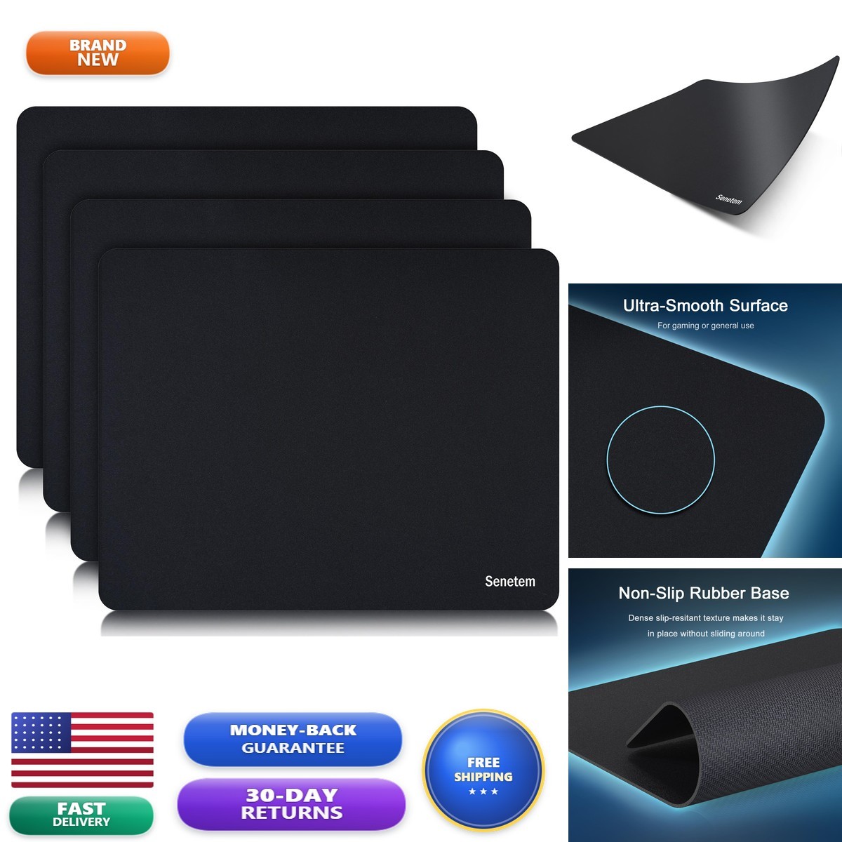Senetem 4-Pack Mouse Pad, Smooth Gaming Non-Slip Black AMT01