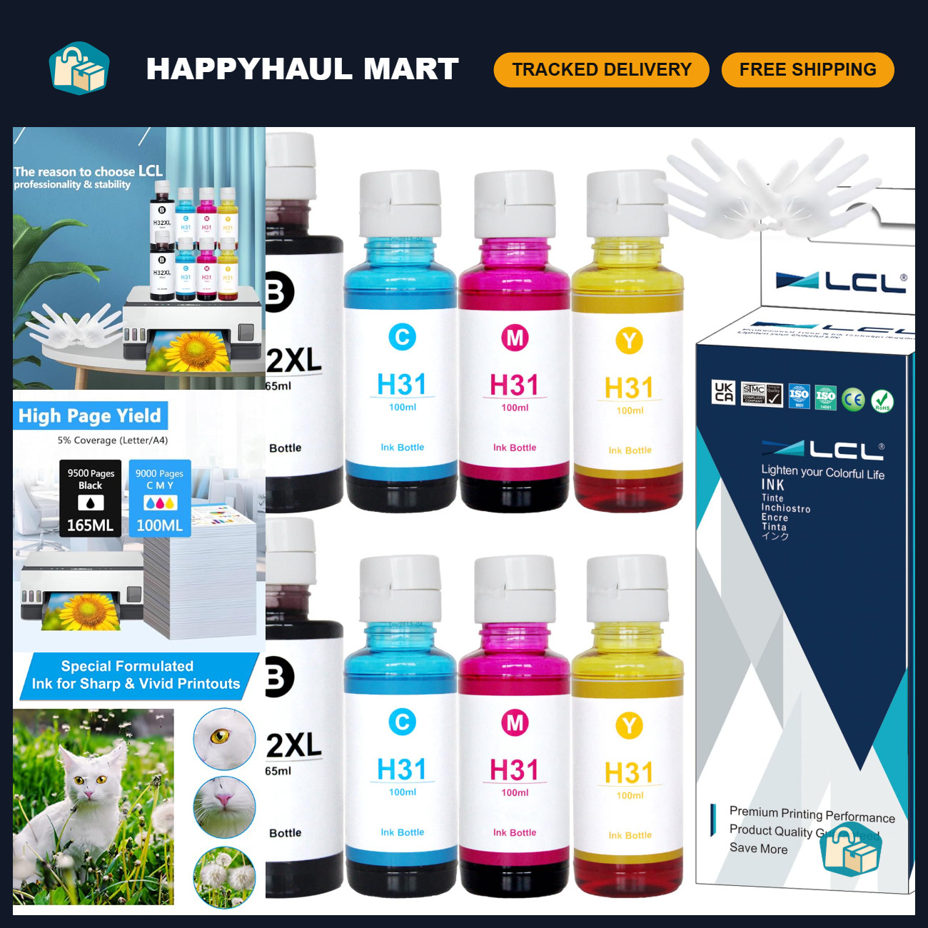 High-Capacity Ink Bottle Set for HP Smart Tank Printers - 8-Pack, 165ML Black &